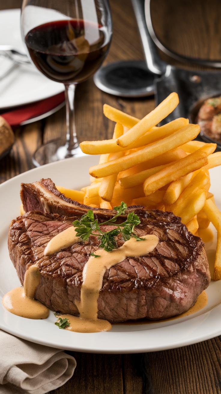 Juicy ribeye steak with crispy fries and Béarnaise sauce on a rustic table with red wine.